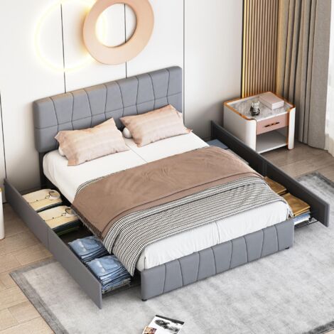 DANS LES NUAGES Doppelbett 180x200 cm, mit Stauraum, 4 Schubladen, Rollen, Lattenrost aus holz, Metallrahmen, GepolstertesBett aus Samt - Grau