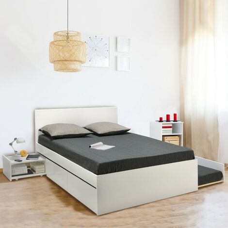 Doppelbett ALPHA 140x190 + 2 Schubladen + Schublade Bett 90x190 mit Lattenrost + Nachttisch / Weiß/ 193x145x49