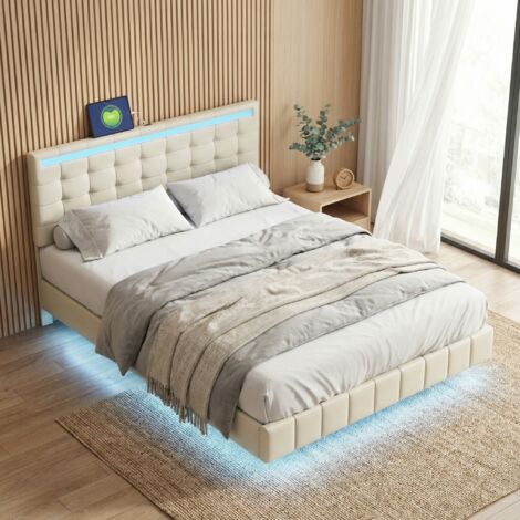 Doppelbett, Erwachsenenbett 160x200 cm, schwebendes Bett mit LED-Beleuchtung und USB-Anschlüssen, höhenverstellbares Kopfteil, Leinen, modernes Design, Beige