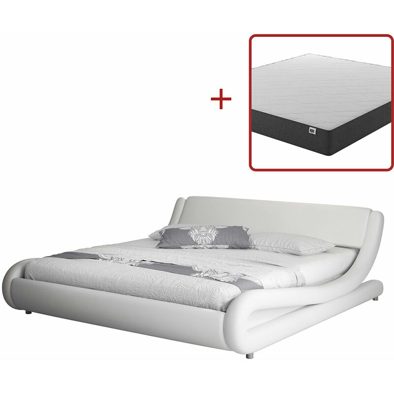 Lettiemobili - Bett inklusive Matratze 120 x 190 – Holzstruktur mit Kunstlederbezug Weiß – 134 x 218 x 28 (66) cm – ALESSIA