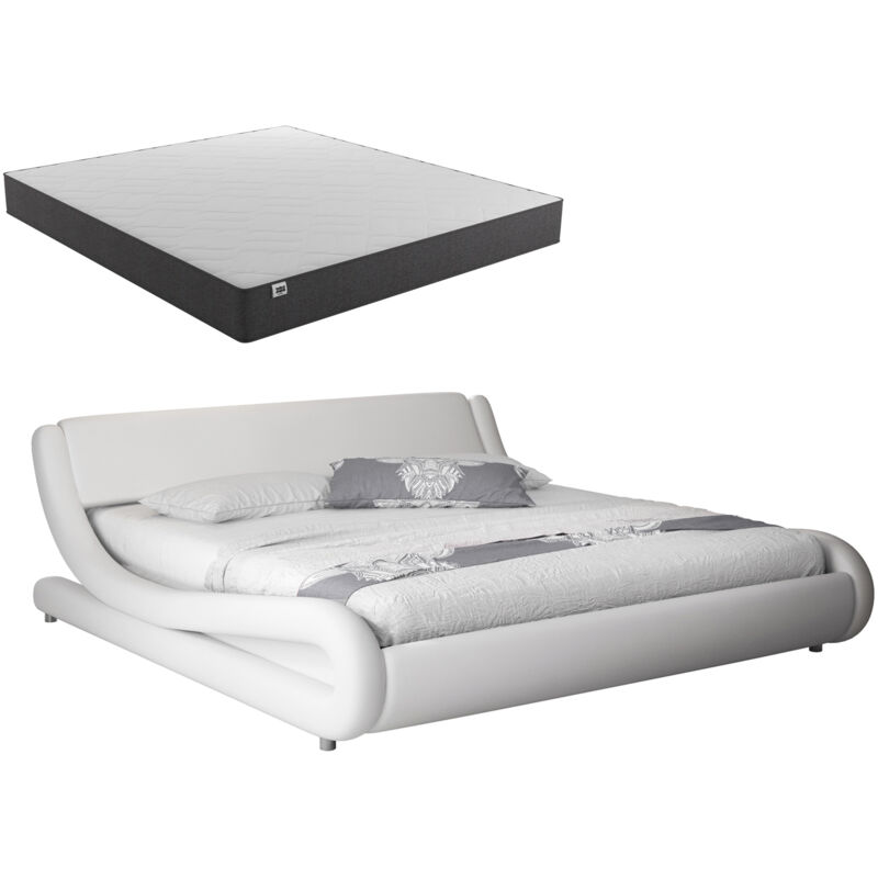 Doppelbett inklusive Matratze 140 x 190 – Holzstruktur mit Kunstlederbezug Weiß – 154 x 218 x 28 (66) cm – ALESSIA