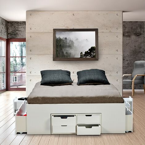 Doppelbett JAZZ 140x190 7 Schubladen + 2 Konsolen / Weiß/ 193x145x45