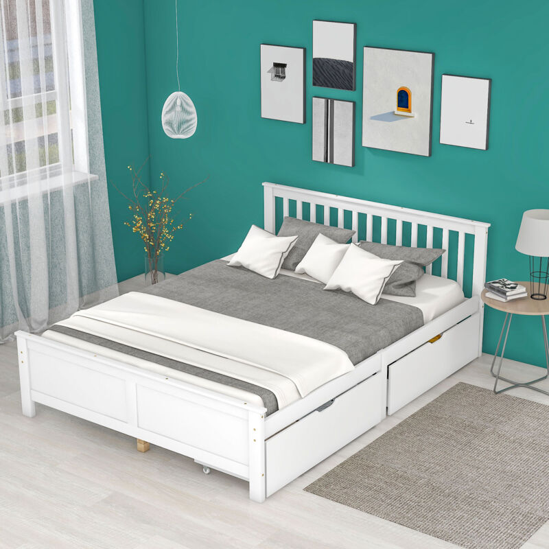 Mivray Doppelbett Kiefer Mit 2 Aufbewahrungsschubladen 140x200 Cm, Weiß