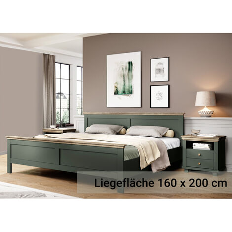 Doppelbett Liegefläche 160 x 200 cm mit 2x Nachttisch EPSOM-83 Landhausstil in grün mit Lefkas Eiche Nb., B/H/T: ca. 295,5/88,5/211,5 cm