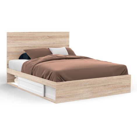 Doppelbett MELSA mit Stauraum am Kopfende und Bettkasten 140 x 190 cm in Buchenholzoptik und Weiß