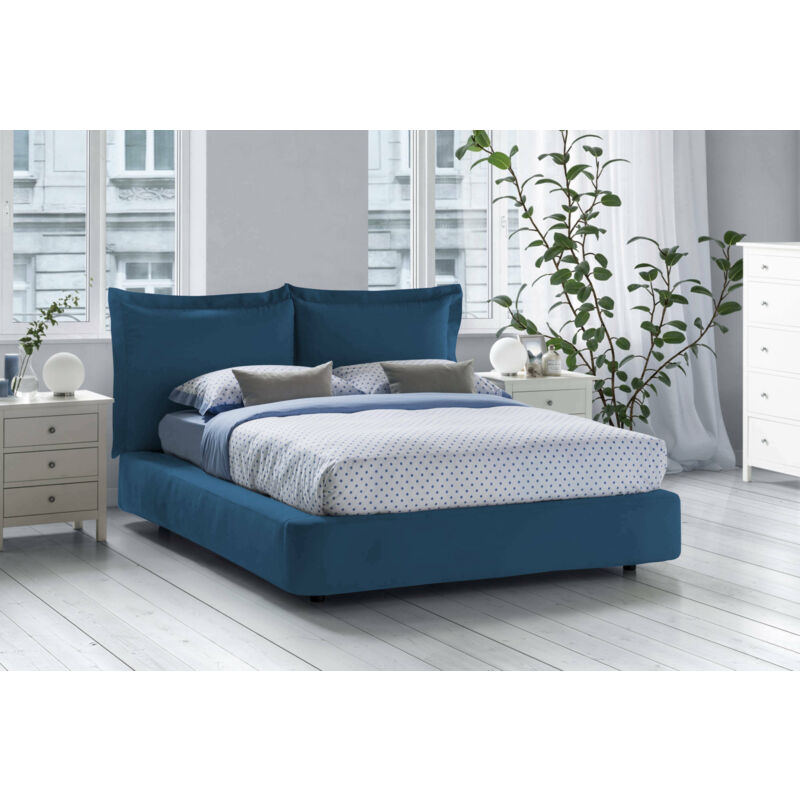 Vittoria Doppelbett mit Container, Made in Italy, Kopfteil und Bezug aus Stoff, Frontöffnung, geeignet für Matratze 160x190 cm, Blau - Talamo Italia