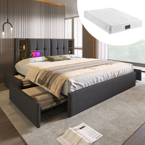 Doppelbett mit kabelloser USB-C-Aufladung und 4 Schubladen, gepolsterter Bettrahmen 160 x 200 cm, Lattenrost aus Holz und grauem Leinen (mit Matratze)
