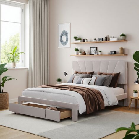 Doppelbett mit Schubladen, 140x200 cm, bequeme Rückenlehne, mit Schubladen und Kopfteil, Samt, Bett für Erwachsene und Jugendliche, skandinavischer, Beige