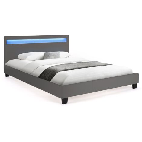 Doppelbett NEO mit integriertem LED-Kopfteil und Bettkasten 140 x 190 cm PVC grau