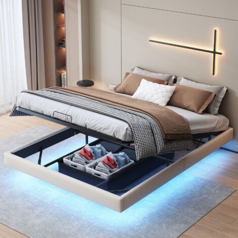 TANANT Doppelbett Polsterbett 160 x 200 cm Funktionsbett mit Lattenrost und Stauraum, Schwebebett mit LED-Beleuchtung, ohne Kopfteil, PU, Weiß