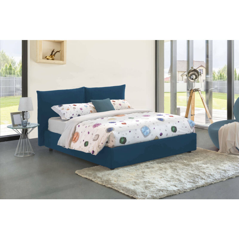 Rosa Doppelbett mit Container, Made in Italy, Bett mit Stoffbezug, Frontöffnung, passend für Matratze 160x190 cm, Blau - Talamo Italia