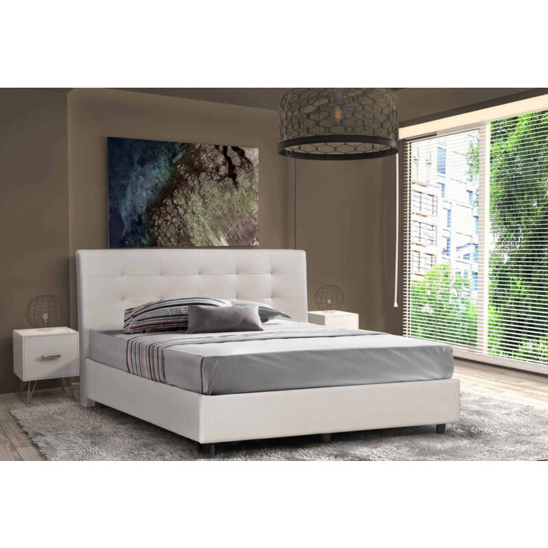Claudia Doppelbett mit Container, Made in Italy, Bett und Kopfteil aus Kunstleder, Frontöffnung, geeignet für Matratze 160x190 cm, Weiß - Talamo