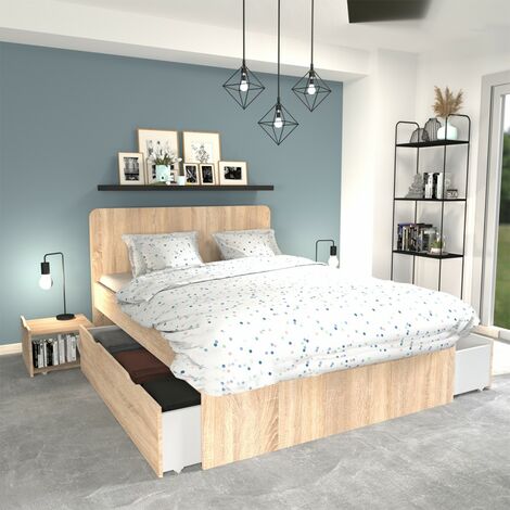 Doppelbett ZENIA 140x190 + 2 Konsolen + 2 Schubladen / Eiche gebleicht/ 195x144x100
