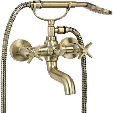 Doppelhebel-Bademischer mit Handbrause in der Farbe gebürstetes Messing Deante Temisto BQTM11D  Messing gebürstet