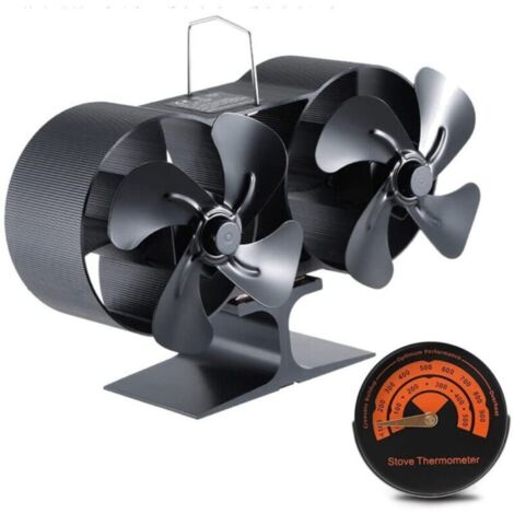 Doppelkaminofenlüfter, thermodynamischer Kaminofenlüfter, Kaminofenlüfter für Holzöfen, Mini-8-Blatt-Kaminofenlüfter mit Wärmeantrieb, Doppelmotor, Schwarz