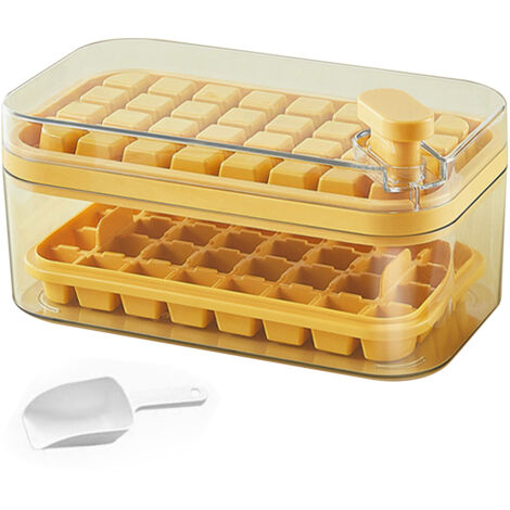 Doppellagige Eiswürfelform für 64 Eiswürfel, leicht zu entnehmende Eiswürfelform, gelbe Gefrierbox