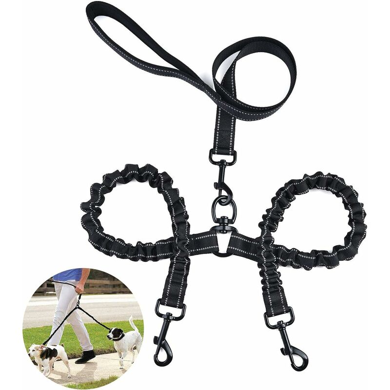 Doppelleine für 2 Hunde Canicross Große Hundeleine Reflektierendes elastisches Material Tragbar Bissfeste Schwarze Leine für Lauftrainingshunde im