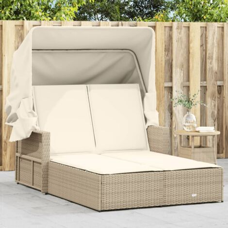 Doppelliege mit Sonnendach und beigen Poly-Rattan-Kissen