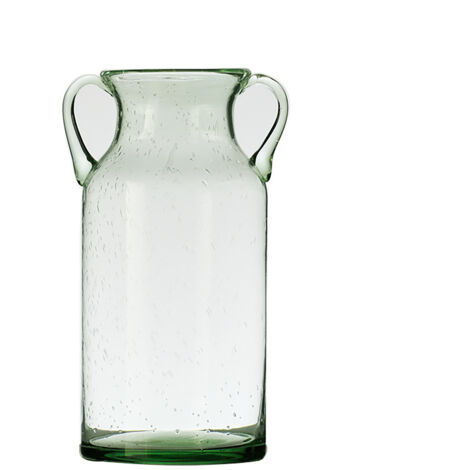 Doppelohrvase, grünes Glas mit Lufteinschlüssen, ideal als Tischdekoration oder Wohnaccessoire.
