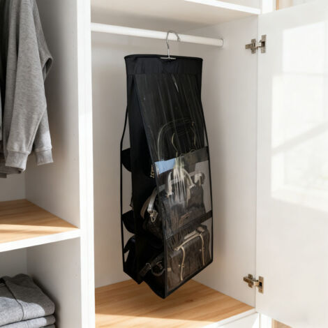 Doppelseitige, platzsparende Organizer-Taschen für Kleiderschränke – 16 cm große, schwarze, aus PVC-Vlies gefertigte Wandtaschen – 6 Taschen für Handtaschen