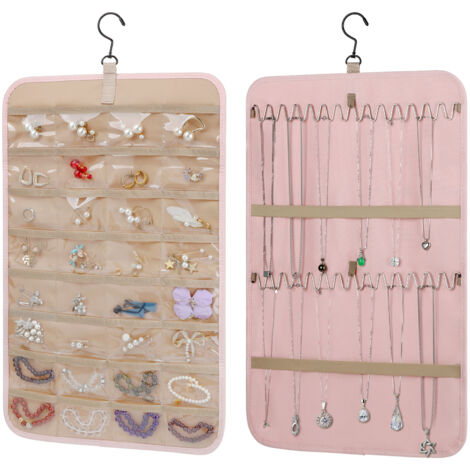 Doppelseitiger, drehbarer Schmuckorganizer mit transparenten Taschen und Metallhaken – PVC-Polyester, Schwarz oder Rosa, Klein oder Groß