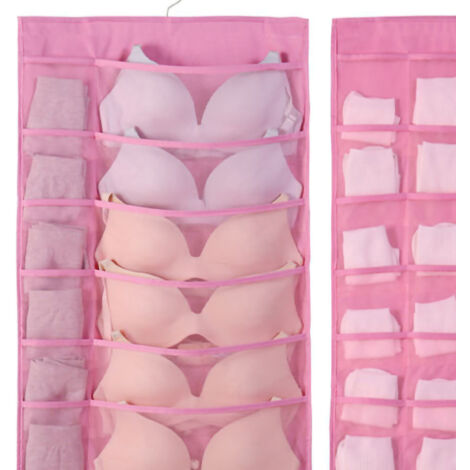 Doppelseitiger Hänge-BH-Organizer aus Oxford-Kunststoff mit 12 Vorder- und 24 Rückentaschen für Dessous und Socken, groß, rosa und waschbar