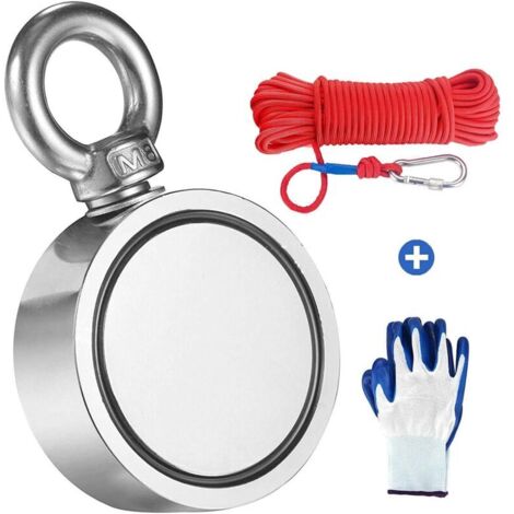 Doppelseitiger Neodym-Angelmagnet N52, starke Doppelhaken, 60 mm Durchmesser, 25 mm Dicke, 300 kg Zugkraft, 20 m geflochtenes Seil und ein Paar Handschuhe, ideal für die Schatzsuche