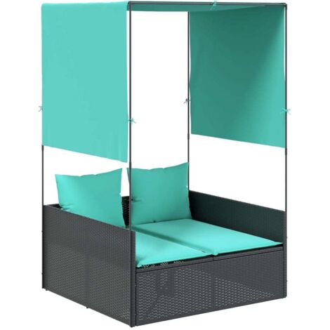 Doppelte Sonnenliege mit Dach und Vorhängen, schwarzes Polyrattan vidaXL