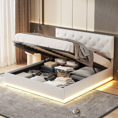 EIFSON Doppeltes Polsterbett 140x200 cm, hydraulisches Boxspringbett, mit LED-Beleuchtung, Knopfdekoration, Lattenrost, großer Stauraum, Leinen – Beige