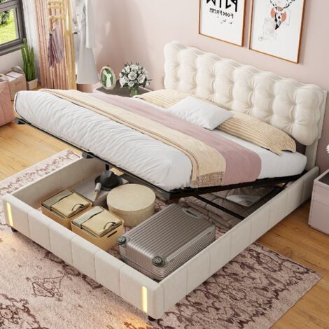 Doppeltes Polsterbett 160x200 cm, hydraulisches Boxspringbett mit LED-Lichtleiste am Bettende, gepolsterte Rückenlehne, Samt, für Kinder und Jugendliche geeignet – Beige