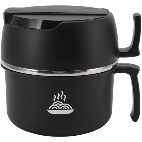 Doppelwandige Edelstahl-Lunchbox für Ramen-Nudeln, mit Deckel, Griff, Gabel und Löffel, ideal für Büro und Schule, schwarze Farbe