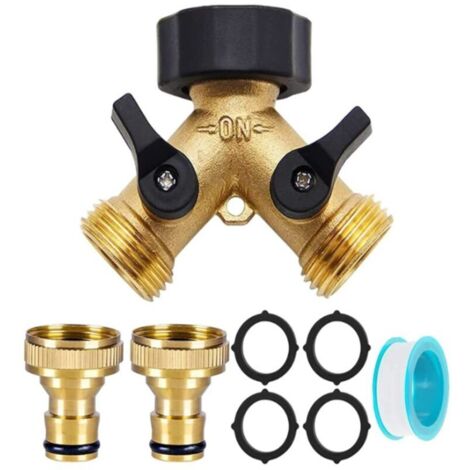Doppelwaschmaschinenhahn, Y-Verbinder, Messing-Gartenhahnverteiler mit 4 Gummimatten und 2 Messing-Wasserhahndüsen