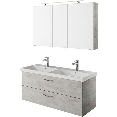 Doppelwaschplatz Set, 120cm breit, mit LED Aufbauleuchte in Oxid Hellgrau VILLATORO-66, B/H/T ca. 120/200/45 cm