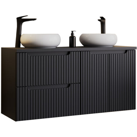 Doppelwaschtisch 120 cm mit Aufsatzwaschbecken, schwarz mit gerillter Front NEWPORT-56-BLACK
