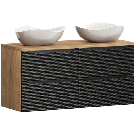 Doppelwaschtisch 120cm in Eiche mit schwarz, OLUO-56-BLACK, Front mit 3D-Struktur in Wellenoptik