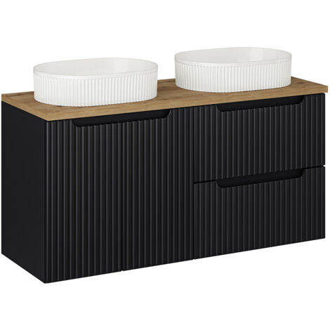 Doppelwaschtisch 120cm, in schwarz mit Eiche, gerillte Front, NEWPORT-56-BLACK