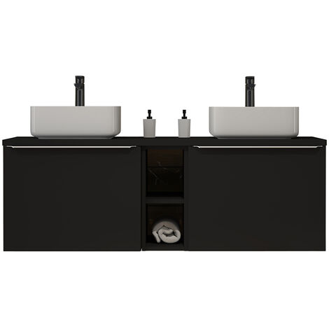 Doppelwaschtisch 140cm mit Aufsatzbecken, matt schwarz, PUEBLA-56-BLACK