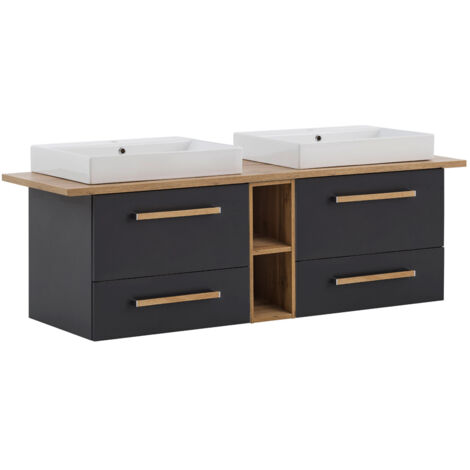 Doppelwaschtisch 165cm inkl. Keramikbecken und Regal DABO-04 in anthrazit mit Eiche-Landhaus, B/H/T: 165,2/61,5/50 cm