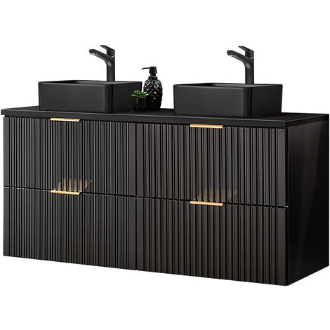 Doppelwaschtisch mit 2 schwarzen Aufsatzbecken, ADELAIDE-56-BLACK, matt schwarz gerillt, B/H/T ca. 120,6/72,2/46,5 cm