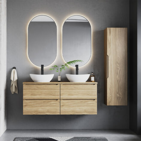 Doppelwaschtisch und Hängesäule 120cm Viggo mit 4 Schubladen, Holzoptik