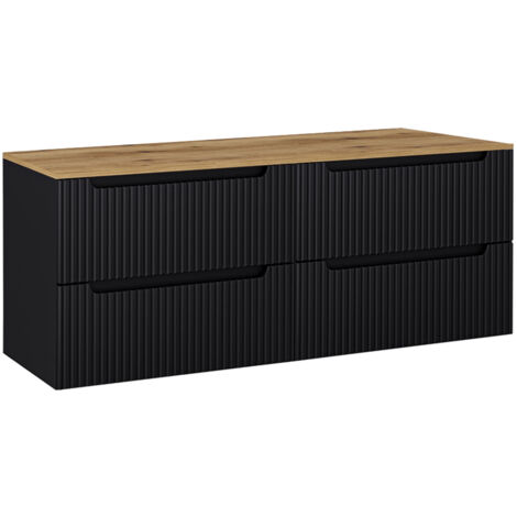 Doppelwaschtisch-Unterschrank 160cm, in schwarz mit Eiche, NEWPORT-56-BLACK