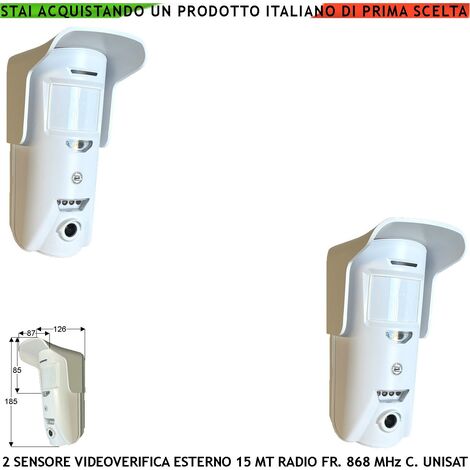 Doppia Tecnologia da Esterno 2 Pezzi IP54 Sensore Movimento 15 Metri Grandangolo o 25 Metri Tenda Fotocamera a Colori VGA 640X480 Pixel Videoverifica Radio Freq. 868 MHz Bidirezionale UNISAT Rete GPRS