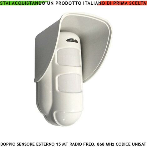 Doppia Tecnologia da Esterno Rileva Intrusi in Movimento Copertura 15 Metri Grandangolo o 25 Metri Tenda Via Wireless Freq. 868 MHz Bidirezionale Codice UNISAT