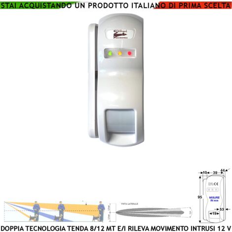 Doppia Tecnologia Tenda Dual Pir e Micronda Portata 8/12 MT Sensore Ladri Esterno Per Rampa Scala Rileva Movimento Ignoti Invia Allarme Aliment. 12 V Assorbim. 10 mA Cover Staffa ABS Bianca IP31