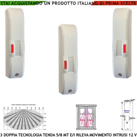 Doppia Tecnologia Tenda Infrarosso e Microonda Tre Sensori di Movimento Portata 5 Metri Rilevano Intrusi Vano Finestra Ingresso Interno Invia Allarme Aliment. 12 V Assorb. 10 mA Cover Bianca ABS IP44