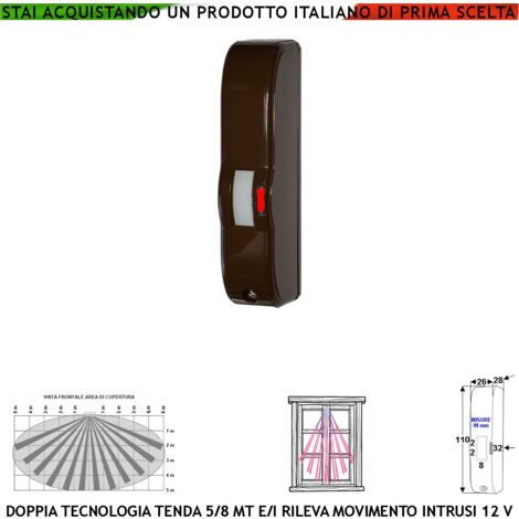 Doppia Tecnologia Tenda Sensore di Movimento Marrone Portata 5 MT Antifurto Rileva Intrusi Vano Finestra Esterno Protetto Ingresso Interno Invia Allarme Aliment. 12 V Assorb. 10 mA Cover ABS IP44