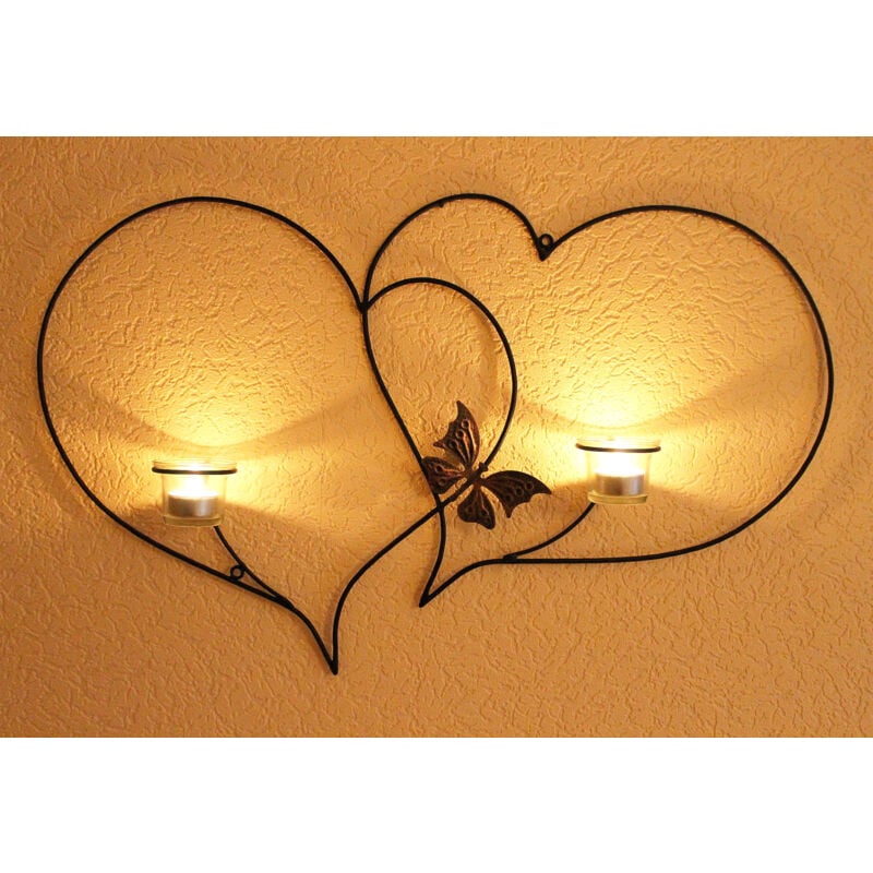 Doppio cuore porta tea light da parete cuore 65 cm metallo porta tea light applique