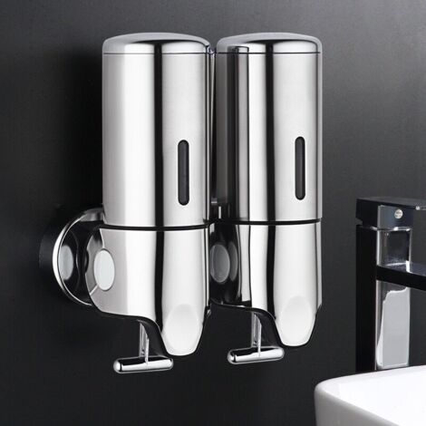 Doppio dispenser di sapone a parete per shampoo, balsamo, bagnoschiuma e lozione/sapone per bagno o cucina - Argento
