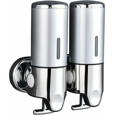 Doppio dispenser di sapone da parete per shampoo, balsamo, bagnoschiuma e lozione/sapone per bagno o cucina - Argento