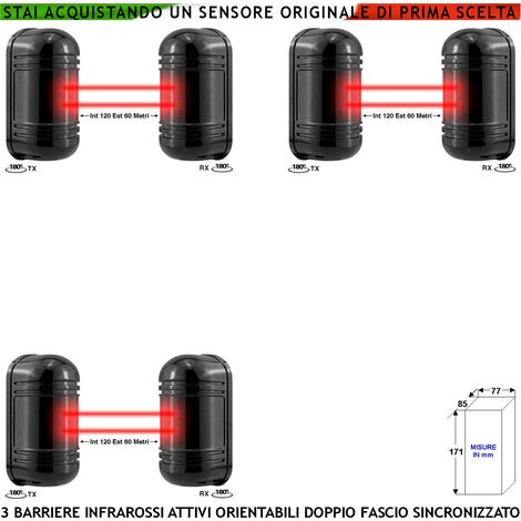Doppio Raggio Infrarosso Attivo Barriera Orientabile 3 Pezzi Segnala Allarme Passaggio Estraneo Protezione Portata 120 MT Interno 60 MT Esterno Collegamento Filare Alim. 12 V Sensore Lineare Antifurto